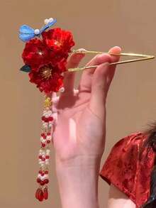 1pc Chinese Style Red Plum Blossom & Butterfly Faux Pearl Tassel Hair Clip, Bridal Headpiece For Cheongsam/Qipao, Wedding, Bun Extension, Hair Styling Pins - Multicolor - View 8