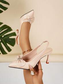 女士高跟鞋，蝴蝶结尖头踝带凉鞋，适合搭配连衣裙 - 粉色 - 查看 6