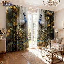 2pcs Lifelike Peacock Pattern Blackout Curtains, With Golden Metallic Flower Decor, Suitable For Living Room, Kitchen, Thermal Insulated Washable Curtain Set - Ideal For Living Room, Bedroom Home Decor, Sunshade - 2139+DKCL - View 4