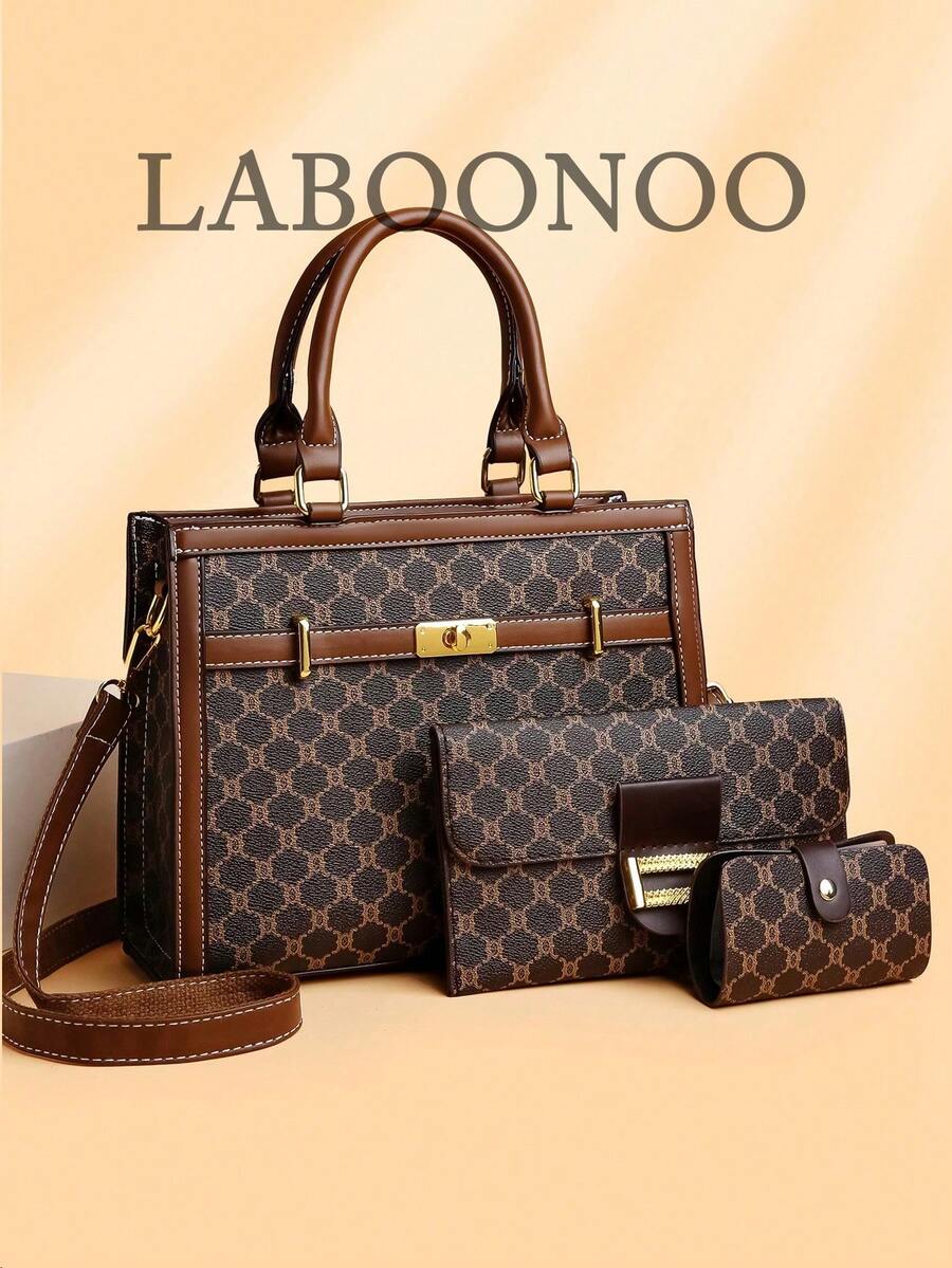 3pcs/Set Plaid PU Leather Handbag & Shoulder Bag & Crossbody Bag, Fashion Versatile Elegance For Middle-Aged Women, Large Capacity, Suitable For Daily Outings - Brown - View 1