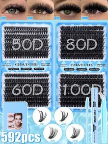 640/592/576片假睫毛套装，含粘合剂和密封剂，10-16毫米混合长度睫毛簇延长套装，D卷度10D-100D多种款式，浓密自然的假睫毛，适合日常佩戴、旅行、万圣节和圣诞节礼物 - 藍色 - 查看 8