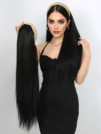 Diadema de cabello sintético con extensiones rectas largas con trenzas retorcidas, color marrón claro, accesorio de cabello de media peluca natural