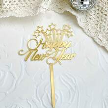 5pcs/Set Or 1pc Optional 2026 Happy New Year Acrylic Cake Topper, New Year Cake Insert, Cupcake Decoration, Dessert Chocolate Cake Decor, New Year Party - Gold - View 6