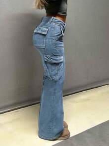 American Fashion 水洗修身工装牛仔裤 - 中等水洗藍 - 查看 7