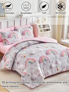 2/3pcs Cartoon Rainbow Sky Digital Print Bedding Set, Pink Cute Campus Style Bedroom Decor, Soft & Breathable, Machine Washable (1 Duvet Cover + 1/2 Pillowcase, Filler Not Included), Suitable For All Seasons - Multicolor - View 2
