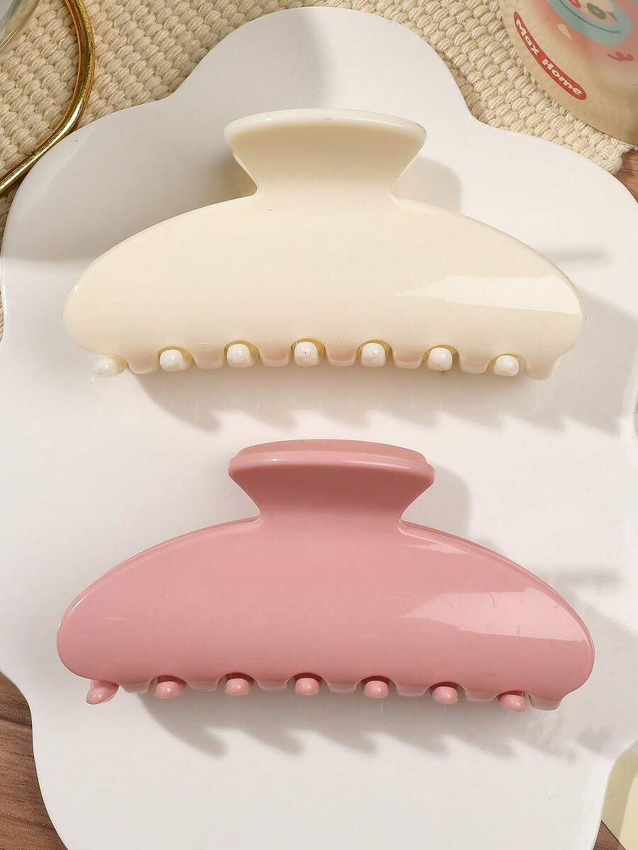 2件套 优雅ABS塑料粉色和米色甜美半圆形大号发爪 复古百搭发饰，秋冬优雅发夹 时尚发饰 优雅爪夹 - 2件套裝-粉紅白半圓 - 查看 1