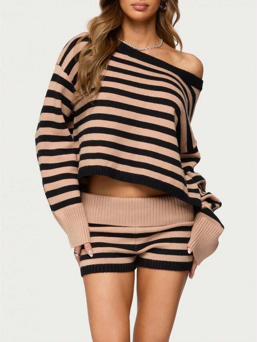 Women's Striped Knit Shorts, Versatile Slim-Fit Striped Shorts For Women - Màu be - Xem 1