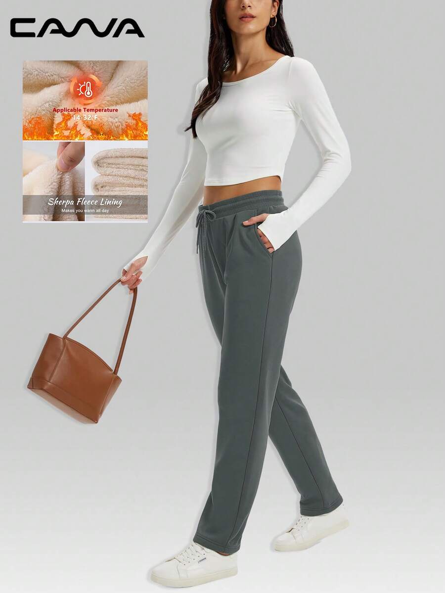 Cavva Women's Heavyweight Fleece-Lined Pants Water Resistent Thermal Warmth Ribbed Drawstring Waist Straight Leg Cut Insulation Side Pockets Winter Snow Casual Hiking Camping - Màu xám đen - Xem 1