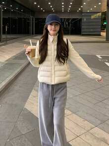 韩式针织拼接立领纽扣绗缝外套，秋冬季保暖 - 杏色 - 查看 7