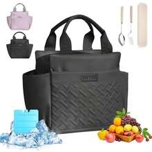 Loncheras Termica para Mujer, Bolsa de Almuerzo de Gran Capacidad con Cristales Hielo y Cubiertos, Aislamiento Portátil Ideal para El Trabajo, Playa, Camping - negro - Ver 1