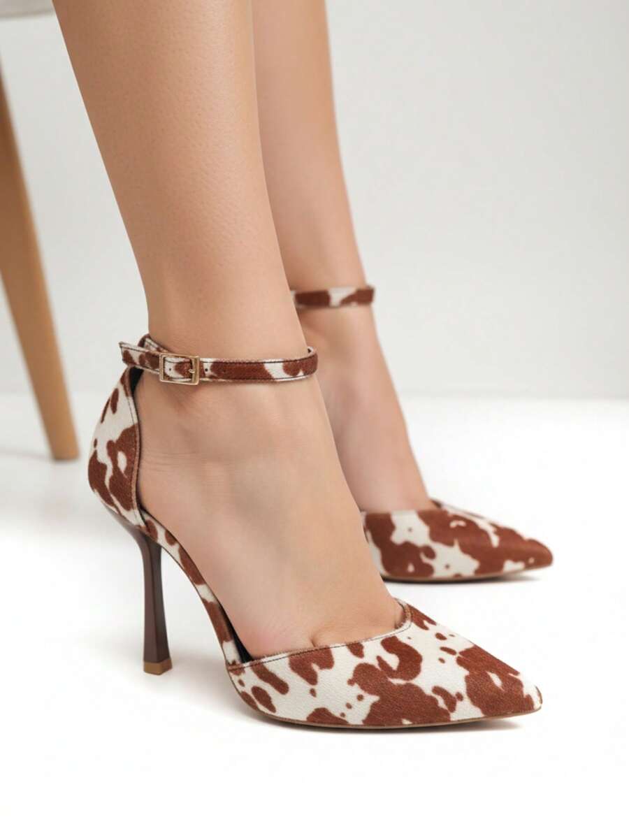 Fashionable & Elegant Commuter Cow Print Pointed Toe High Heels - Milk Lines - View 1