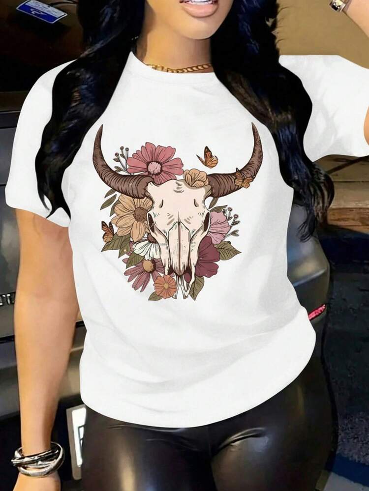 Mujer T-shirt Casual Moderna Estampado Cráneo Floral Mariposas Color Liso Corte Holgado Cuello Redondo Manga Corta Primavera Verano Diario Playera - Blanco - Añade 1