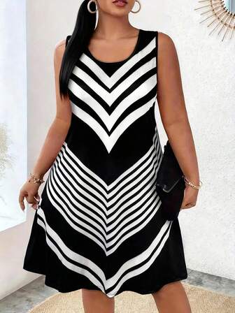 夏季大码条纹吊带背心裙女士沙滩装，女式全印花无袖迷你连衣裙 - 圆领休闲太阳裙，飘逸夏季日常连衣裙，女士沙滩度假背心裙，休闲短裙