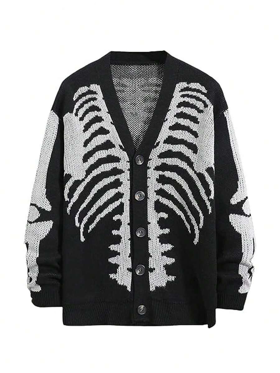 Winter Essentials Black Buttons Sweater Fashion Halloween Skeleton Pattern Sweatshirt American Street Style Casual Sweater - 黑色 - 查看 1