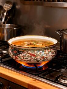 1pc Vintage Floral Enamel Shallow Pot, Suitable For All Seasons, With Gold-Rimmed Double Handles/Handleless Design, Multifunctional Cookware For Home And Commercial Use (Can Be Used As Soup Pot, Stew Pot, Instant Noodle Pot), Ideal For Holiday Gatherings, Family Dinners, And A Great Gift For Friends And Family On Holidays Or Birthdays. - Multi-colored 22CM Ruyi Basin - View 7