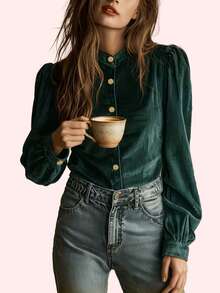 Áo cánh tay dài cài nút cổ tròn màu trơn thanh lịch, trang trọng, giản dị, rộng rãi, trang trọng dành cho nữ, mùa thu/đông - màu xanh lá - Xem 4