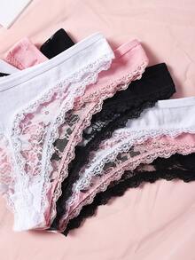 6pcs/Pack Women's Solid Color Lace Patchwork Sexy Low Waist Thong Panties With Cute Bow, Stretchy & Breathable Underwear - Multicolor - View 6