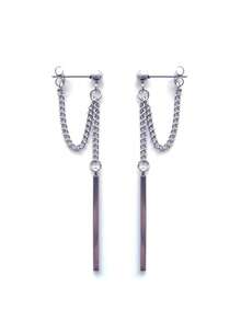 1 Pair Men's 316L Stainless Steel Geometric Bar Pendant Stud Earrings, Hypoallergenic Punk Style - Silver - View 8