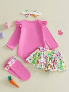 Baby Girl Easter Outfit, Long Sleeve Letters Romper With Eggs Print Shorts Bow Headband Socks - Hồng - Xem 7