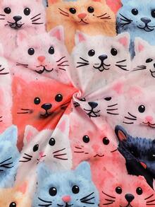 2件套 女童及青少年休闲卡通猫咪印花翻领长袖开衫和长裤睡衣套装，阻燃，四季皆宜