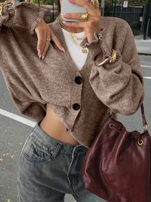 Sweter zimowy Just Masa dla kobiet, swobodny, elegancki, w jednolitym brązowym kolorze, z guzikami z przodu i dekoltem w serek, z długim rękawem