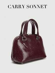 酒红色蛇纹印花女士手提包，亮面迷你托特包，复古时尚单肩包，女士钱包，假日必备，旅行必备，女士礼物 - 酒紅色 - 查看 4
