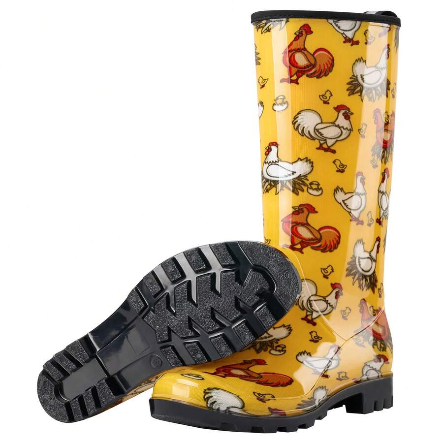 HISEA Women's Rain Boots Slim Calf Fashion Waterproof Garden Shoes Colorful Printed Rubber Boots Anti-Slipping Rainboots For Ladies Tall Knee High Outdoor Rain Shoes - Gà Vàng - Xem 1