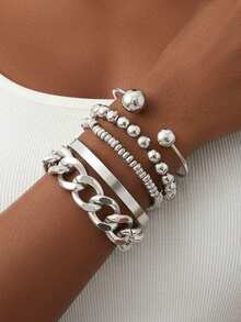 5pcs/Set Multilayer Braided Chain Metal Blade Chain Bracelet Set, Boho Style Fashion Jewelry For Women, Suitable For Daily Wear And Party