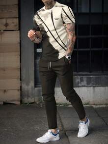 男士风景印花短袖T恤和长裤套装 - 彩色 - 查看 4