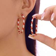 1 Pair Of Large Circular Earrings For Ladies - Red And White Gold Candy Striped Enamel Twisted Rings, Suitable For Wedding, Christmas, Parties And All Year Round. Super Large Circular Earrings Gift (From Daily To Special Occasions) - 金色的 - 查看 4