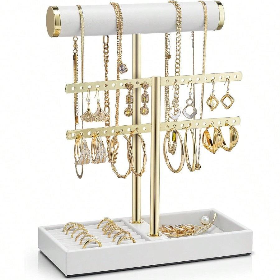 Vlando 2 Tier Necklace Holder Organizer With Tray Leather Bracelet Holder Display For Women Gold Jewelry Holder Stand For Bracelet Necklace Earrings Rings - White - A. Trắng + 2 lớp - Xem 1
