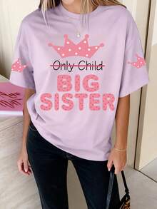 Cute Big Sister Graphic T-Shirt, Beige Short Sleeve Tee, Crown Print, Suitable For Summer/Family Events - Purple - View 1