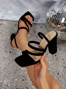 New European And American Style Versatile Minimalist Fashion Thick-Heel Sandals, Classic Square-Toe High-Heel Sandals - màu đen - Xem 6