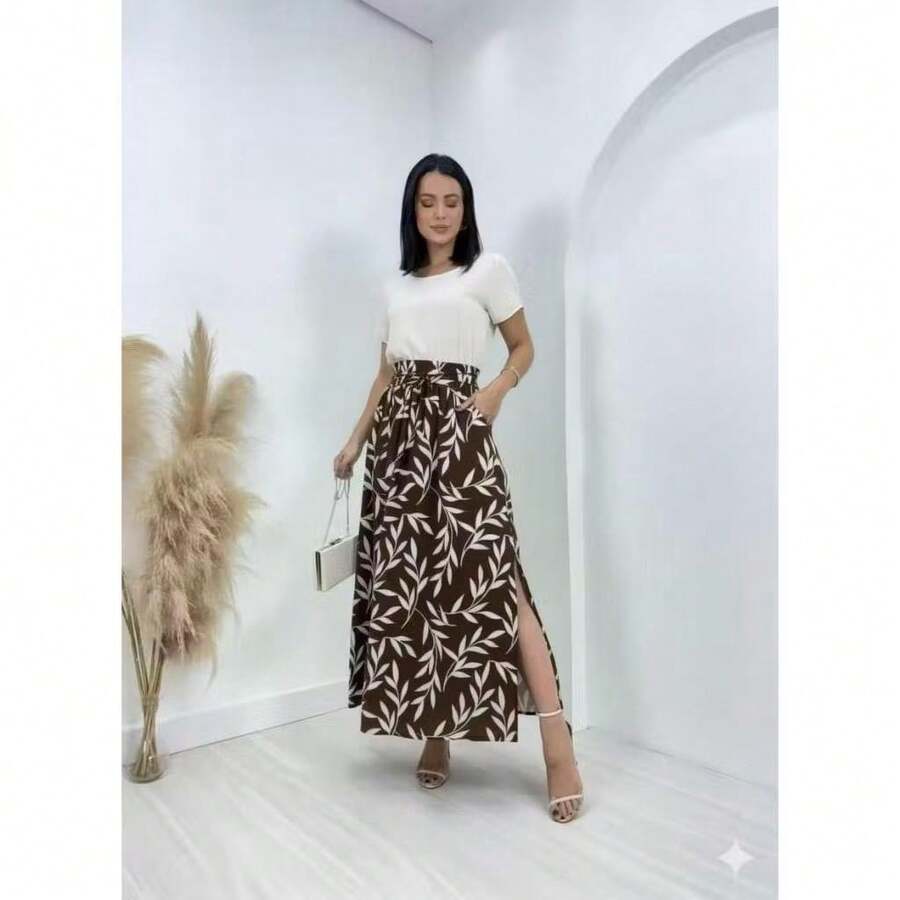 Long, Printed Viscose Skirt, Lined, High Waist With Pockets And Side Slits. - 鏽棕色 - 查看 1