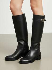 新款圆头粗跟踝靴英伦风扣饰马靴平底不过膝长靴秋冬 - 黑色 - 查看 3