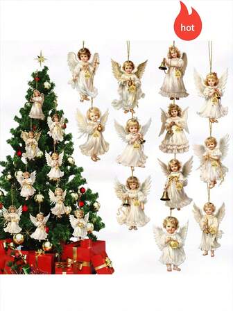 12个天使木质挂饰 - 白色天使配金色铃铛和丝带，非常适合家居、窗户、壁炉和派对装饰，充满节日气息的春季乡村风格，是庆祝活动的理想礼物，派对装饰品 | 天使造型 | 木质结构，天使装饰