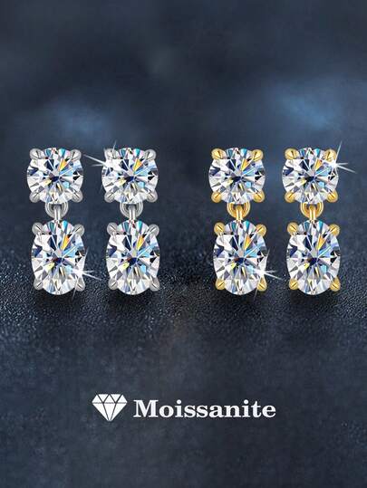 两件套优雅奢华925纯银耳环，一颗4.0毫米圆形，一颗4*6毫米梨形切割，共镶嵌0.8克拉莫桑石，适合女性日常佩戴、参加派对、节日、情人节、母亲节、结婚纪念日、圣诞节、生日等场合，是理想的珠宝礼物之选。