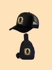 2件套儿童黑色花卉字母印花卡车帽,复古时尚设计,透气实用,适合男孩女孩户外穿着,春夏皆宜 - 黑色 - 查看 32