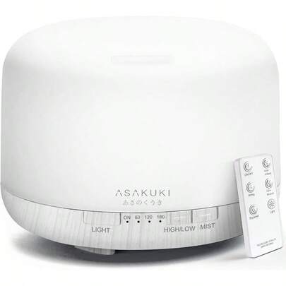 ASAKUKI 500ml Essential Oil Diffuser 5 In 1 Ultrasonic Aromatherapy Humidifier Vaporizer With Remote Control Timer And AutoOff Safety Switch 7 LED Light Colors White