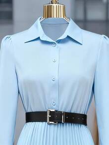 Women's Elegant Pleated Button-Down Long Sleeve Shirt Dress (Belt Not Included), Autumn - Baby Blue - View 4
