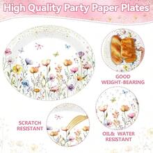 D50Pcs Wildflower Paper Oval Plates 11inch Spring Plates And Napkins For Wildflower Party Plies Disposable Flower Floral Dish Tray Serve 25 For Spring Summer Picnic Wedding Tea Party Plies - 黃橙粉紅紫藍 - 查看 3