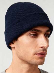 1顶男士时尚纯色针织帽，适合秋冬季日常佩戴保暖 - 藏蓝色 - 查看 2