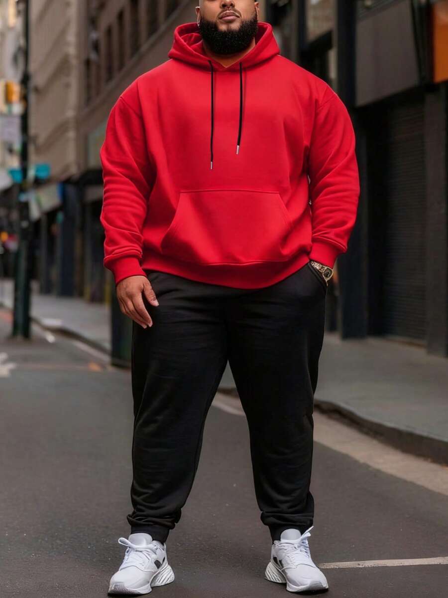 加大码男士加厚休闲抽绳连帽卫衣套装 - 紅色 - 查看 1