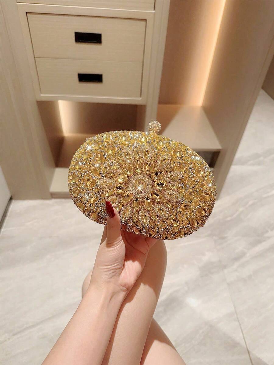 Sparkling Luxurious Rhinestone Decor Handbag, Small Clutch Purse, Elegant For Evening Gown, Wedding, Party, With Metal Chain, Fashionable Lady Handbag, Bridal Purse, Perfectly Matching With Prom Accessories, Prom Bag For Party, Clutch Bag For Wedding,Purses And Bags Women,Gifts For Women ,Valentine's Day,New Year - 金色 - 查看 1