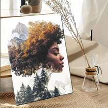 1 Pieza de Arte de Pared de Mujer Africana Bohemia y Retrato Africano en Marco - Tonos de Tierra Marrón/Beige/Negro/Blanco//Verde/Azul/Rojo/Naranja - Pintura en Lienzo Envuelta con Marco de Madera - Decoración Cultural Africana para Sala de Estar, Dormitorio, Oficina, Cocina, Baño - Impresión de Arte Africano Moderno Vintage Listo para Colgar - Decoración Interior/Exterior - Paisaje Africano con Árboles y Montañas - Inauguración de Casa, 2D Plano, Decoración de Habitación - Multicolor - Ver 4