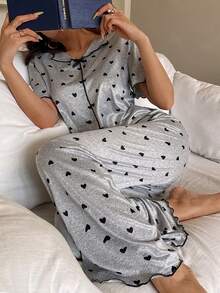 2pcs Women's Pajama Set, Heart Print V-Neck Short Front Long Back Short Sleeve Top And Long Pants, Cute Black Sleepwear Set, Women Casual Loungewear, Women's Intimate Apparel, Suitable For Spring And Summer - Light Grey - View 7