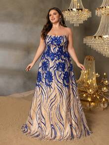 大码女式亮片晚礼服，配有精致的细肩带、花卉亮片贴花和交叉露背设计，非常适合出席黑领结晚宴、婚礼宾客仪式、正式招待会、红毯活动和歌剧之夜。 - 寶藍色 - 查看 1