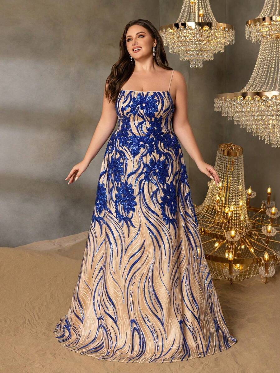 大码女式亮片晚礼服，配有精致的细肩带、花卉亮片贴花和交叉露背设计，非常适合出席黑领结晚宴、婚礼宾客仪式、正式招待会、红毯活动和歌剧之夜。 - 寶藍色 - 查看 1