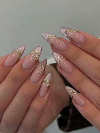 10 stycken handpressade press-on-naglar, korta naglar, lösnaglar, mandelnaglar, franska tippar, rosa naglar, svarta naglar, röda naglar, gröna naglar, bruna naglar, guldnaglar, leopardmönstrade naglar, söta naglar, enkel och elegant stil, handdragen limteckning oregelbunden fransk guldkant som vinrankor, med glitter kattöga-franska tippar, lämplig för damer och flickors press-on-naglar, mandelfärgade.