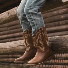 1 Pair Kids Cowboy Boots For Boys Girls Western Riding Shoes Square Toe Wide Calf Hunting Walking Adventure Toddler Little Big Kid - 全棕色 - 查看 8